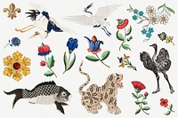 Vintage psd flower animal gold badge illustration set, featuring public domain artworks