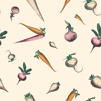 Vegetable seamless pattern vector background root and tuber crops art print, remix from artworks by by Marcius Willson and N.A. Calkins