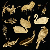 Gold animals set on black background