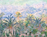 Palm Trees at Bordighera (1884) by <a href="https://www.rawpixel.com/search/claude%20monet?sort=curated&amp;page=1">Claude Monet</a>, high resolution famous painting. Original from The MET. Digitally enhanced by rawpixel.