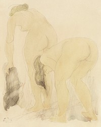 Naked women bending over, vintage nude illustration. Studieblad met twee naakte vrouwen, op de rug gezien (1850&ndash;1917) by <a href="https://www.rawpixel.com/search/Auguste%20Rodin?sort=curated&amp;page=1">Auguste Rodin</a>. Original from The Rijksmuseum. Digitally enhanced by rawpixel.