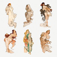 Art nouveau lady psd illustration set, remixed from the artworks of <a href="https://www.rawpixel.com/search/Alphonse%20Maria%20Mucha?sort=curated&amp;page=1">Alphonse Maria Mucha</a>