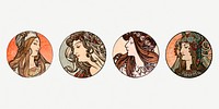 Lady art nouveau illustration psd set, remixed from the artworks of Alphonse Maria Mucha