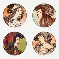 Art nouveau woman illustration psd set, remixed from the artworks of Alphonse Maria Mucha