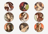 Art nouveau woman illustration psd set, remixed from the artworks of <a href="https://www.rawpixel.com/search/Alphonse%20Maria%20Mucha?sort=curated&amp;page=1">Alphonse Maria Mucha</a>