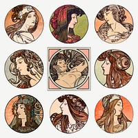 Lady art nouveau illustration psd set, remixed from the artworks of <a href="https://www.rawpixel.com/search/Alphonse%20Maria%20Mucha?sort=curated&amp;page=1">Alphonse Maria Mucha</a>
