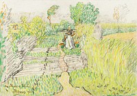Peasant woman with milk buckets on her shoulders, walking through a wheat field (1906) by Jan Toorop. Original from The Rijksmuseum. Digitally enhanced by rawpixel.