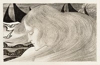 Young woman with wavy hair in front of a sea with ships (1900) by Jan Toorop. Original from The Rijksmuseum. Digitally enhanced by rawpixel.