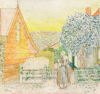 Zeeland girl, knitting in a courtyard (190) by Jan Toorop. Original from The Rijksmuseum. Digitally enhanced by rawpixel.