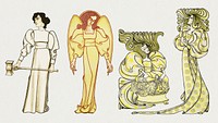 Art nouveau women psd with different activities set, remixed from the artworks of Jan Toorop.