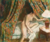 Naked woman in bed. Retiring (1883) painting in high resolution by the famous <a href="https://www.rawpixel.com/search/Edgar%20Degas">Edgar Degas</a>. Original from the Art Institute of Chicago. Digitally enhanced by rawpixel.