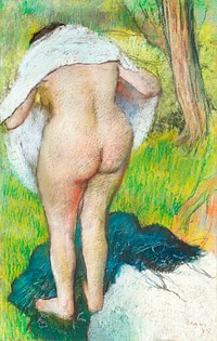 Nude woman. Girl Drying Herself (1885) painting in high resolution by <a href="https://www.rawpixel.com/search/edgar%20degas?sort=curated&amp;page=1">Edgar Degas</a>. Original from The National Gallery of Art. Digitally enhanced by rawpixel.