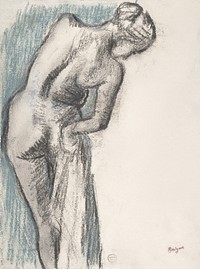 Naked woman. Bather Drying Herself (ca. 1883&ndash;1884) drawing in high resolution by <a href="https://www.rawpixel.com/search/edgar%20degas?sort=curated&amp;page=1">Edgar Degas</a>. Original from The MET Museum. Digitally enhanced by rawpixel.