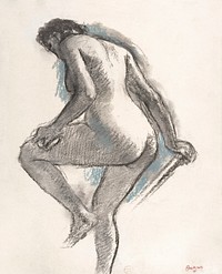 Naked woman. Bather Sponging Her Knee (ca. 1883–1884) drawing in high resolution by Edgar Degas. Original from The MET Museum. Digitally enhanced by rawpixel.