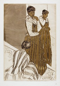 The Fitting (1890&ndash;1891) by <a href="https://www.rawpixel.com/search/mary%20cassatt?sort=curated&amp;page=1">Mary Cassatt</a>. Original woman portrait painting from The Art Institute of Chicago. Digitally enhanced by rawpixel.