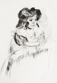 Margot, Resting Arms on Back of Armchair (1903) by <a href="https://www.rawpixel.com/search/mary%20cassatt?sort=curated&amp;page=1">Mary Cassatt</a>. Original portrait drawing from The Art Institute of Chicago. Digitally enhanced by rawpixel.