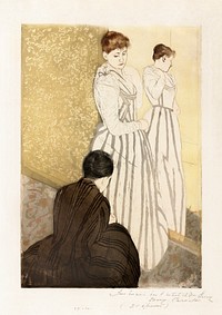 The Fitting (1890&ndash;91) by <a href="https://www.rawpixel.com/search/mary%20cassatt?sort=curated&amp;page=1">Mary Cassatt</a>. Original woman portrait painting from The National Gallery of Art. Digitally enhanced by rawpixel.