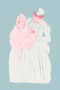 Vintage hand drawn mother embracing her little child illustration, remixed from the artworks of Mary Cassatt.