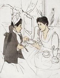 Afternoon Tea Party (1890&ndash;1891) by <a href="https://www.rawpixel.com/search/mary%20cassatt?sort=curated&amp;page=1">Mary Cassatt</a>. Original portrait drawing from The National Gallery of Art. Digitally enhanced by rawpixel.