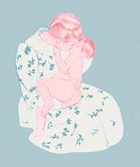 Vintage hand drawn mother kissing her child illustration, remixed from the artworks of Mary Cassatt.