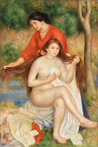 Bather and Maid (La Toilette de la baigneuse) (1900&ndash;1901) by <a href="https://www.rawpixel.com/search/Pierre-Auguste%20Renoir?sort=curated&amp;page=1">Pierre-Auguste Renoir</a>. Original from Barnes Foundation. Digitally enhanced by rawpixel.