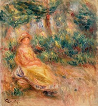 Woman in Pink and Yellow in a Landscape (Femme en rose et jaune dans un paysage) (1917&ndash;1919) by <a href="https://www.rawpixel.com/search/Pierre-Auguste%20Renoir?sort=curated&amp;page=1">Pierre-Auguste Renoir</a>. Original from Barnes Foundation. Digitally enhanced by rawpixel.