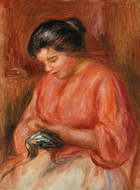 Girl Darning (Femme reprisant) (1909) by <a href="https://www.rawpixel.com/search/Pierre-Auguste%20Renoir?sort=curated&amp;page=1">Pierre-Auguste Renoir</a>. Original from Barnes Foundation. Digitally enhanced by rawpixel.