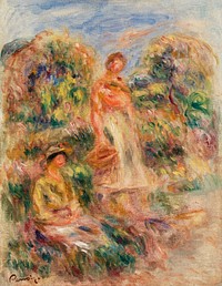 Standing Woman and Seated Woman in a Landscape (Une femme debout et une femme assise dans un paysage) (1919) by <a href="https://www.rawpixel.com/search/Pierre-Auguste%20Renoir?sort=curated&amp;page=1">Pierre-Auguste Renoir</a>. Original from Barnes Foundation. Digitally enhanced by rawpixel.