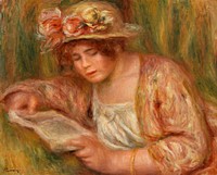 Andr&eacute;e in a Hat, Reading (Andr&eacute;e en chapeau, lisant) (1918) by <a href="https://www.rawpixel.com/search/Pierre-Auguste%20Renoir?sort=curated&amp;page=1">Pierre-Auguste Renoir</a>. Original from Barnes Foundation. Digitally enhanced by rawpixel.
