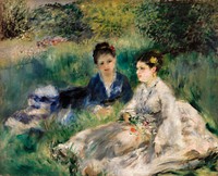 On the Grass (Jeunes femmes assises dans l&#39;herbe) (1873) by <a href="https://www.rawpixel.com/search/Pierre-Auguste%20Renoir?sort=curated&amp;page=1">Pierre-Auguste Renoir</a>. Original from Barnes Foundation. Digitally enhanced by rawpixel.