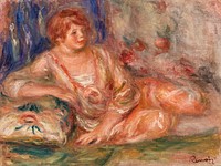 Andr&eacute;e in Pink, Reclining (Andr&eacute;e en rose &eacute;tendue) (1918) by <a href="https://www.rawpixel.com/search/Pierre-Auguste%20Renoir?sort=curated&amp;page=1">Pierre-Auguste Renoir</a>. Original from Barnes Foundation. Digitally enhanced by rawpixel.