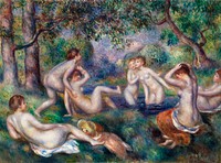 Bathers in the Forest (Baigneuses dans la for&ecirc;t) (1897) by <a href="https://www.rawpixel.com/search/Pierre-Auguste%20Renoir?sort=curated&amp;page=1">Pierre-Auguste Renoir</a>. Original from Barnes Foundation. Digitally enhanced by rawpixel.