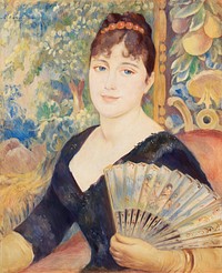 Woman with Fan (Femme &agrave; l&#39;&eacute;ventail) (1886) by <a href="https://www.rawpixel.com/search/Pierre-Auguste%20Renoir?sort=curated&amp;page=1">Pierre-Auguste Renoir</a>. Original from Barnes Foundation. Digitally enhanced by rawpixel.