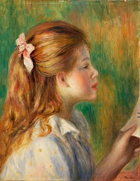 Reading (La Lecture) (1892) by <a href="https://www.rawpixel.com/search/Pierre-Auguste%20Renoir?sort=curated&amp;page=1">Pierre-Auguste Renoir</a>. Original from Barnes Foundation. Digitally enhanced by rawpixel.
