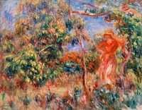 Woman in Red in a Landscape (Femme en rouge dans un paysage) (1917) by <a href="https://www.rawpixel.com/search/Pierre-Auguste%20Renoir?sort=curated&amp;page=1">Pierre-Auguste Renoir</a>. Original from Barnes Foundation. Digitally enhanced by rawpixel.