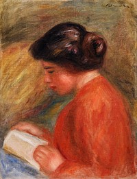 Young Woman Reading (Jeune femme lisant, buste) (1909) by <a href="https://www.rawpixel.com/search/Pierre-Auguste%20Renoir?sort=curated&amp;page=1">Pierre-Auguste Renoir</a>. Original from Barnes Foundation. Digitally enhanced by rawpixel.