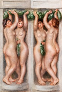 Caryatids (Cariatides); also called Deux baigneuses (panneau d&eacute;coratif) (1910) by <a href="https://www.rawpixel.com/search/Pierre-Auguste%20Renoir?sort=curated&amp;page=1">Pierre-Auguste Renoir</a>. Original from Barnes Foundation. Digitally enhanced by rawpixel.