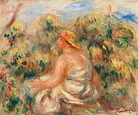 Woman with Hat in a Landscape (Femme avec chapeau dans un paysage) (1918) by <a href="https://www.rawpixel.com/search/Pierre-Auguste%20Renoir?sort=curated&amp;page=1">Pierre-Auguste Renoir</a>. Original from Barnes Foundation. Digitally enhanced by rawpixel.