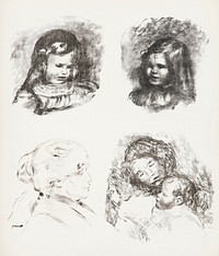 Lithograph of Claude Renoir, Head Lowered (1904), Claude Renoir, Turned to the Left (1904), Berthe Morisot (1892), and Maternity, large plate (1912) by Pierre-Auguste Renoir. Original from The Art Institute of Chicago. Digitally enhanced by rawpixel.