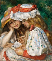 Two Girls Reading (c. 1890&ndash;1891) by <a href="https://www.rawpixel.com/search/Pierre-Auguste%20Renoir?sort=curated&amp;page=1">Pierre-Auguste Renoir</a>. Original from The Los Angeles County Museum of Art. Digitally enhanced by rawpixel.