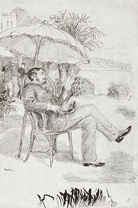 On the Terrace of a Hotel in Bordighera: The Painter Jean Martin Reviews his Bill (1881) by <a href="https://www.rawpixel.com/search/Pierre-Auguste%20Renoir?sort=curated&amp;page=1">Pierre-Auguste Renoir</a>. Original from The Art Institute of Chicago. Digitally enhanced by rawpixel.