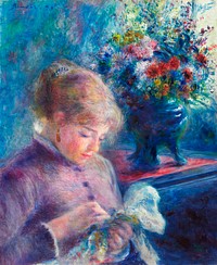 Young Woman Sewing (1879) by <a href="https://www.rawpixel.com/search/Pierre-Auguste%20Renoir?sort=curated&amp;page=1">Pierre-Auguste Renoir</a>. Original from The Art Institute of Chicago. Digitally enhanced by rawpixel.