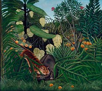 Fight between a Tiger and a Buffalo (1908) by <a href="https://www.rawpixel.com/search/Henri%20Rousseau?sort=curated&amp;type=all&amp;page=1">Henri Rousseau</a>.. Original from The Cleveland Museum of Art. Digitally enhanced by rawpixel.