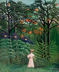 Woman Walking in an Exotic Forest (Femme se promenant dans une for&ecirc;t exotique) (1905) by Henri Rousseau. Original from Barnes Foundation. Digitally enhanced by rawpixel.