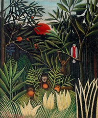 Monkeys and Parrot in the Virgin Forest (Singes et perroquet dans la for&ecirc;t vierge) (ca. 1905&ndash;1906) by <a href="https://www.rawpixel.com/search/Henri%20Rousseau?sort=curated&amp;type=all&amp;page=1">Henri Rousseau</a>. Original from Barnes Foundation. Digitally enhanced by rawpixel.