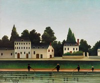 Landscape and Four Fisherman (Paysage et quatre p&ecirc;cheurs &agrave; la ligne) by <a href="https://www.rawpixel.com/search/Henri%20Rousseau?sort=curated&amp;type=all&amp;page=1">Henri Rousseau</a>. Original from Barnes Foundation. Digitally enhanced by rawpixel.