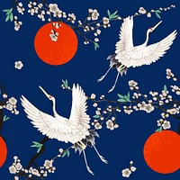 Traditional Japanese crane with plum blossom pattern vector, remix of artwork by Watanabe Seitei