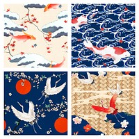 Vintage Japanese psd pattern background set, remix of artwork by Watanabe Seitei and Katsushika Hokusai