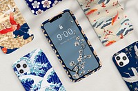 Traditional Japanese mobile phone case pattern psd set, remix of artwork by Watanabe Seitei