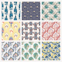 Pastel botanical pattern, aesthetic Art Nouveau background in oriental style vector set 